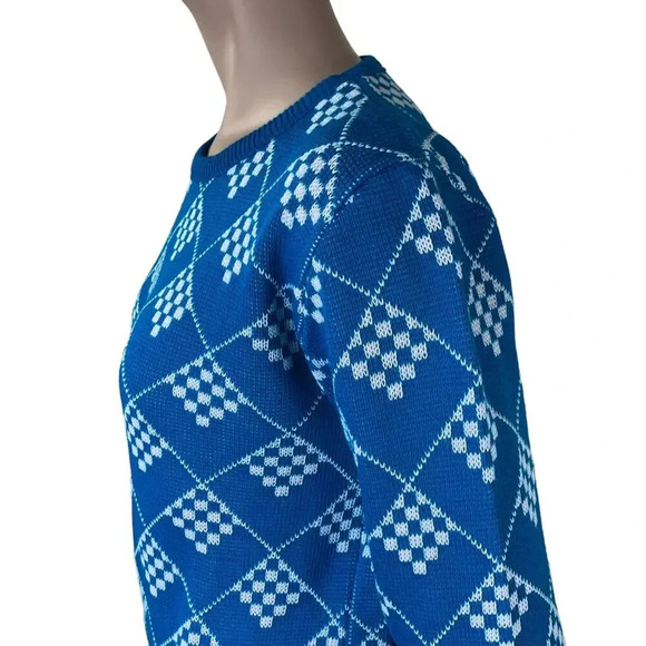 Prime Connection Vintage 80s Geometric Crewneck Knit Sweater Size M Blue White - Picture 8 of 16